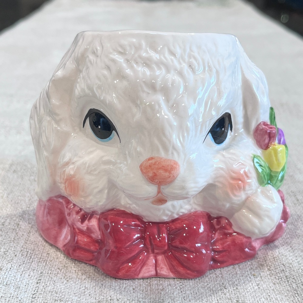 Vintage Dalton Ceramic Bunny Rabbit Candle Pink Bow Easter Decor Figurine